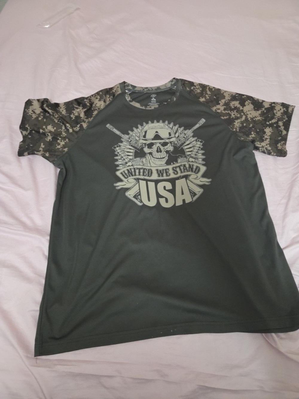 We The Free Black Tee with Olive Camo Raglan Sleeves
